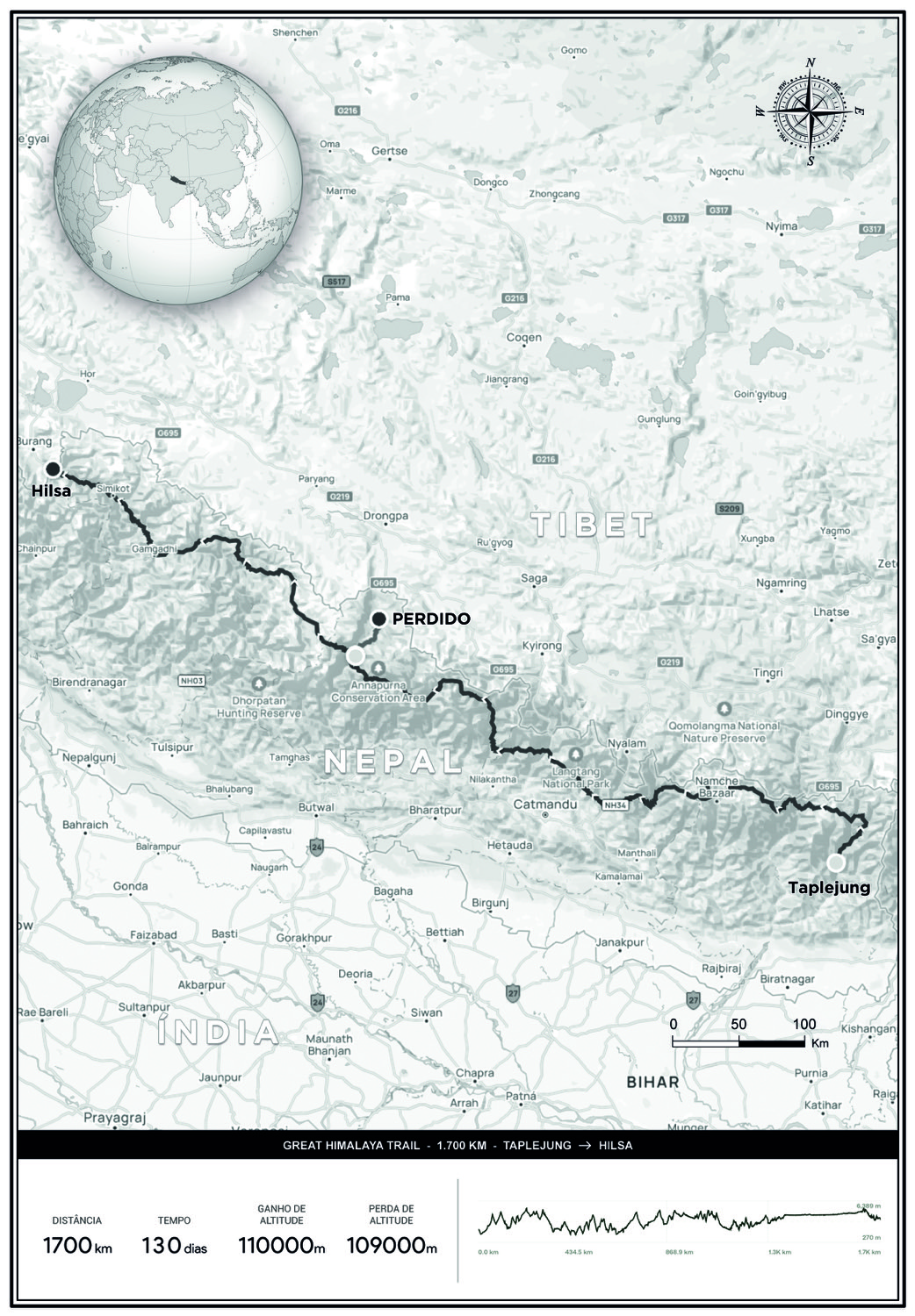 Mapa da Great Himalaya Trail entre Taplejung e Hilsa, com o ponto em que Elias se perde