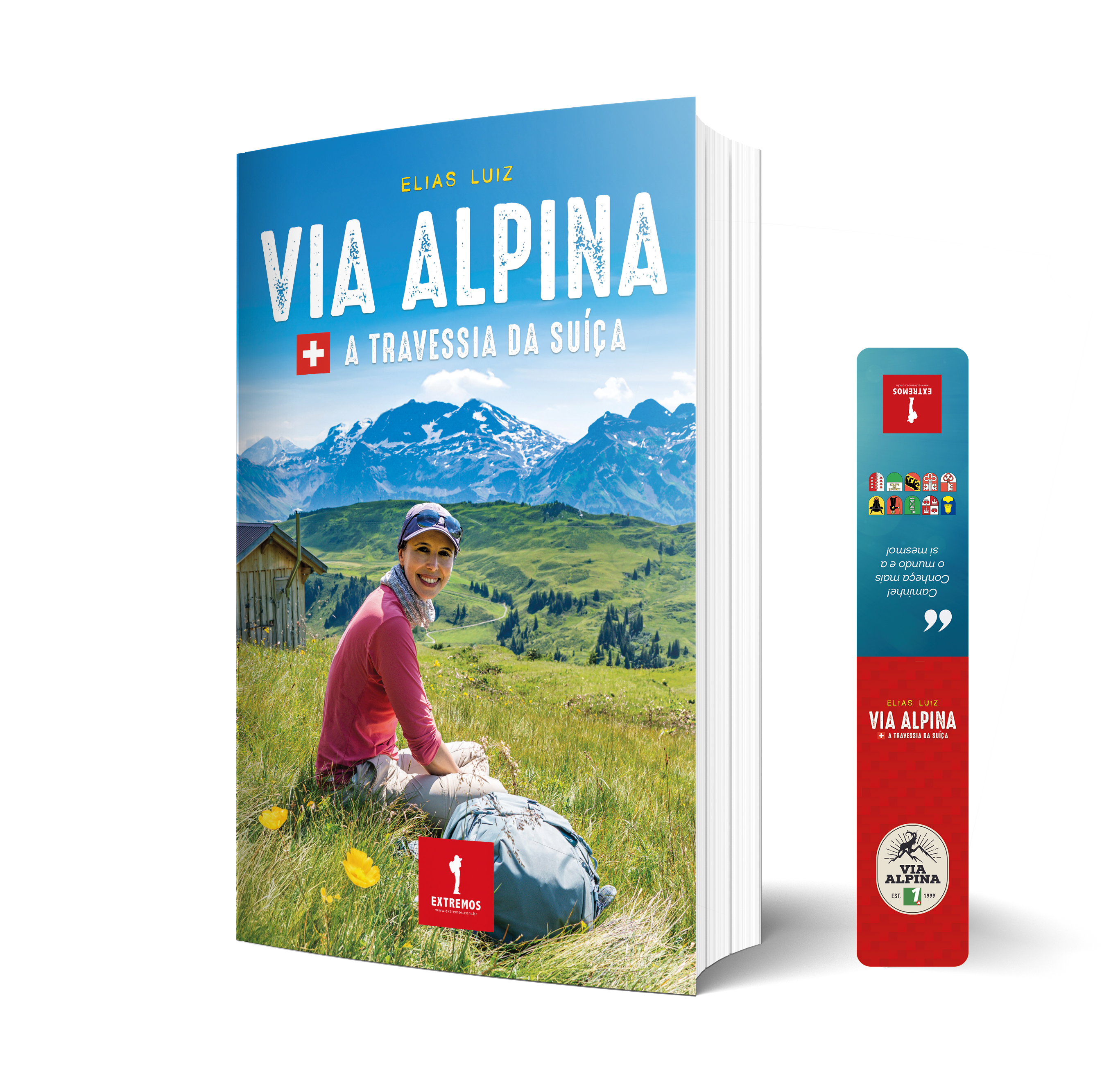 Livro Via Alpina — A Travessia da Suíça, com marcador de páginas