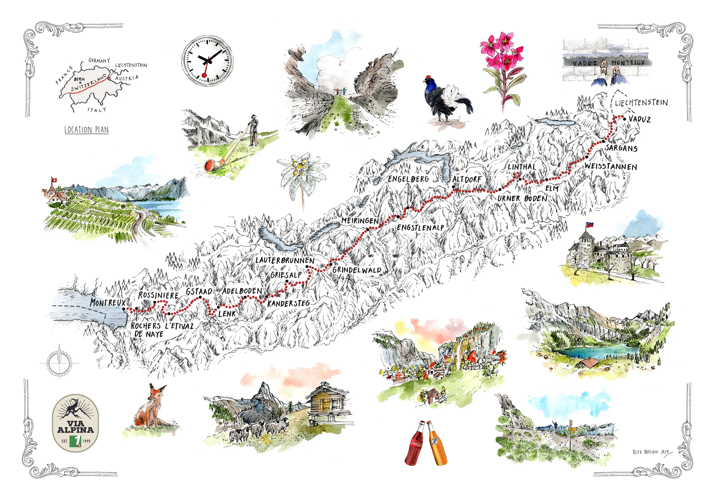 Mapa da rota Via Alpina entre Vaduz e Montreux