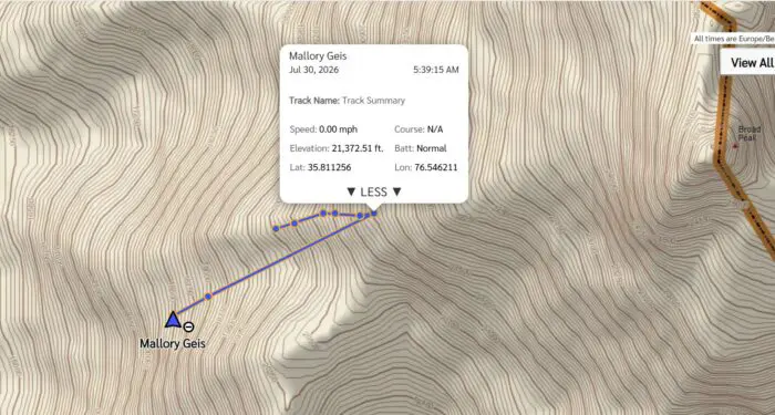 Última posição registrada do rastreador de Mallory Geis no Broad Peak