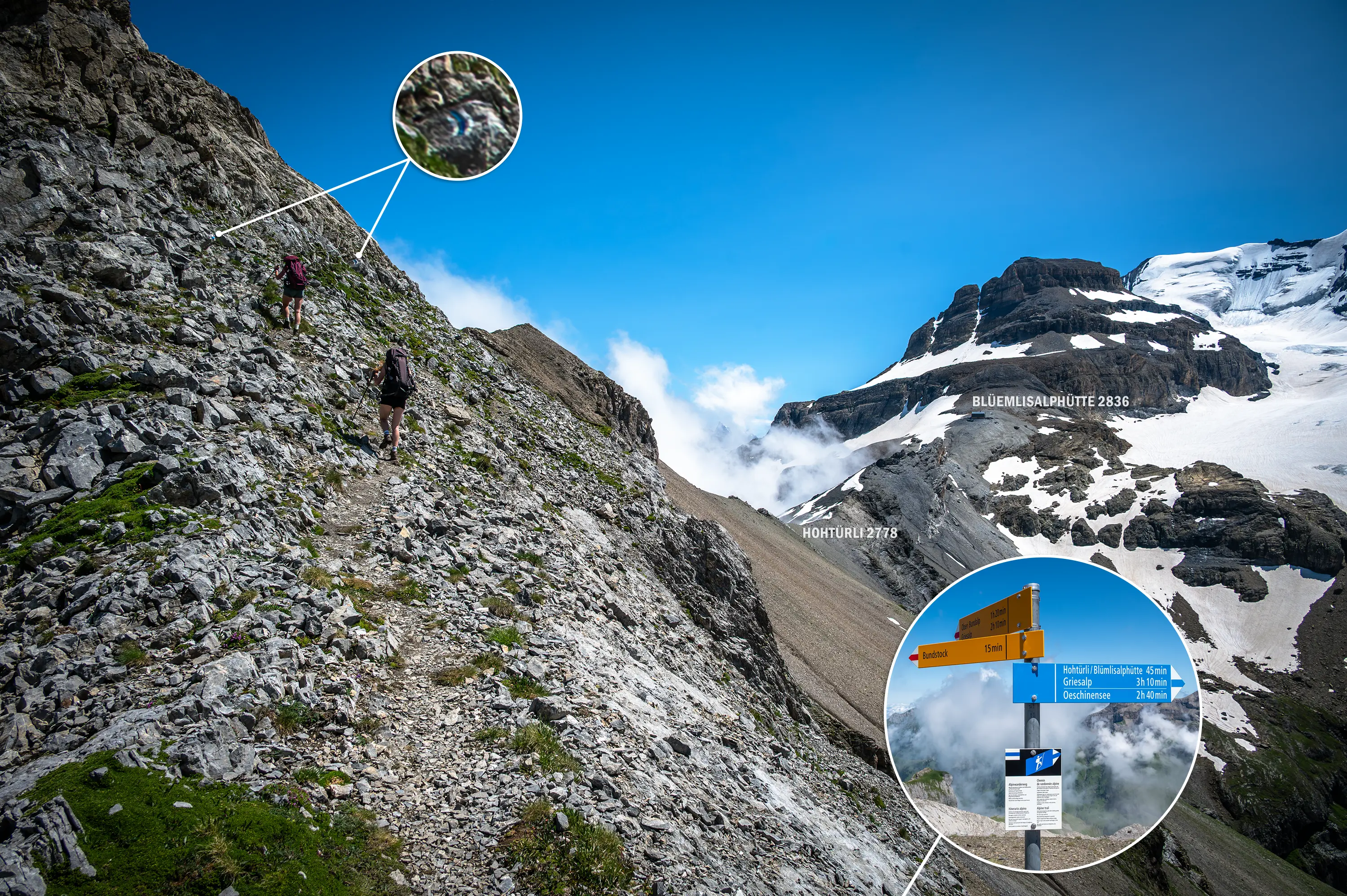 Mãe e filha belgas seguem à minha frente por um trecho alpino da Via Alpina. Minutos antes, a placa destacada no círculo inferior indicava o início de uma trilha branco-azul-branco. Mais adiante, a marcação pintada sobre a rocha, ampliada no círculo superior, confirma a categoria e o caminho a seguir.