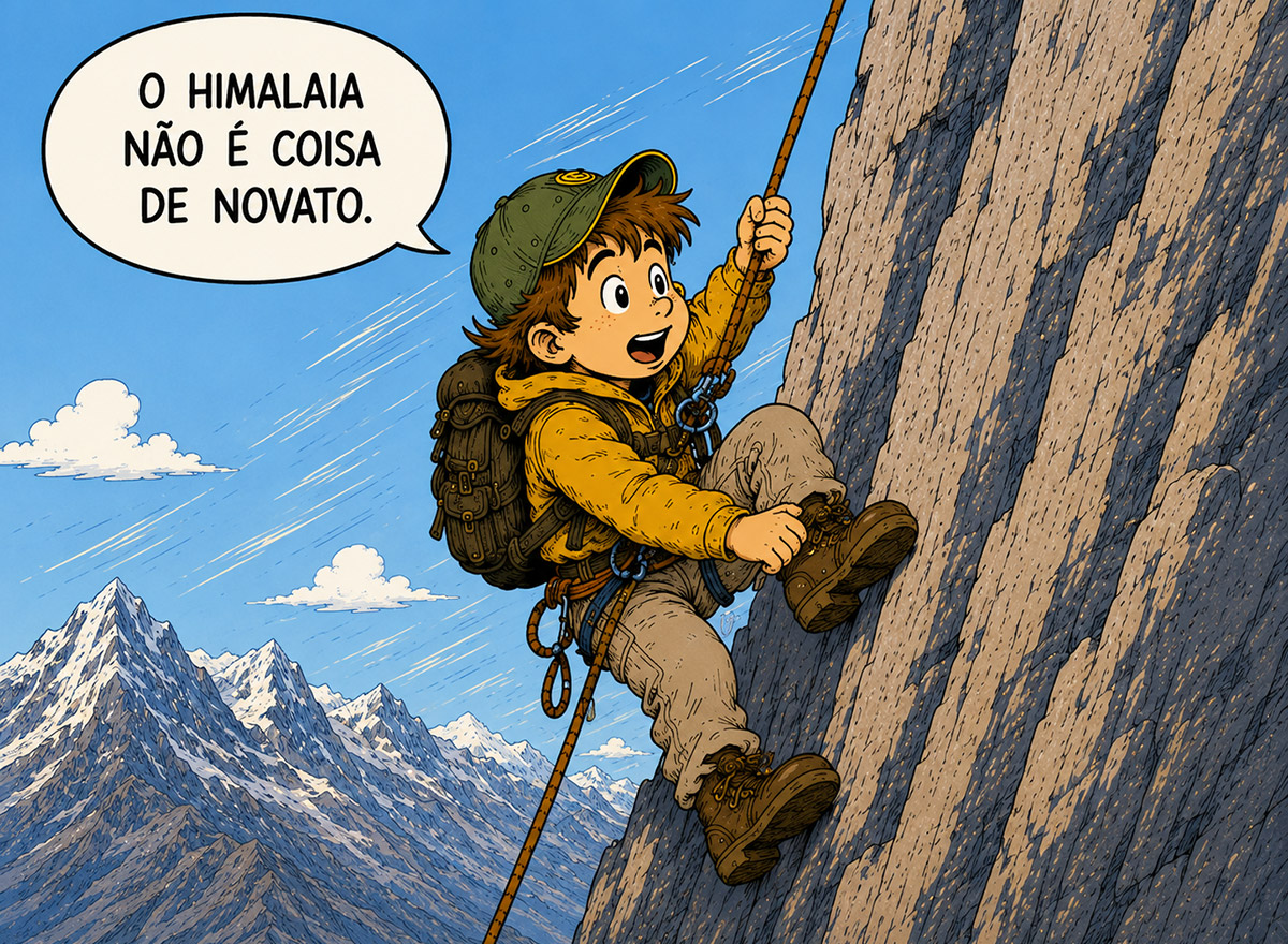Neno escalando uma parede imaginária do Himalaia